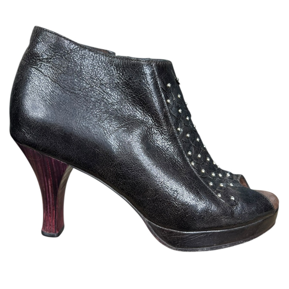 Calleen Cordero Womens Brown Leather Studded Peep Toe Ankle Boot Size 65